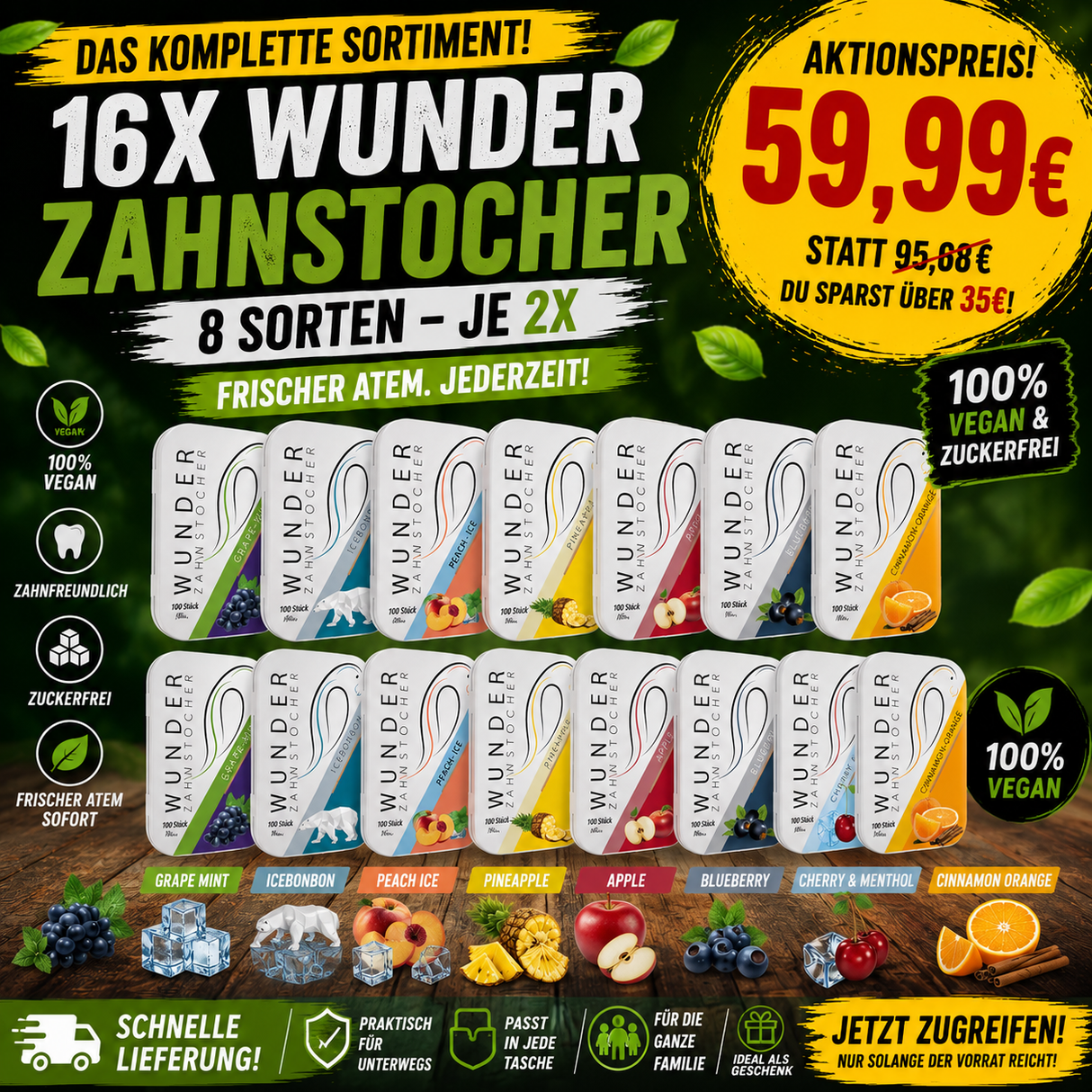 16x Wunder Zahnstocher Viral Mix 100 Zahnstocher pro Dose