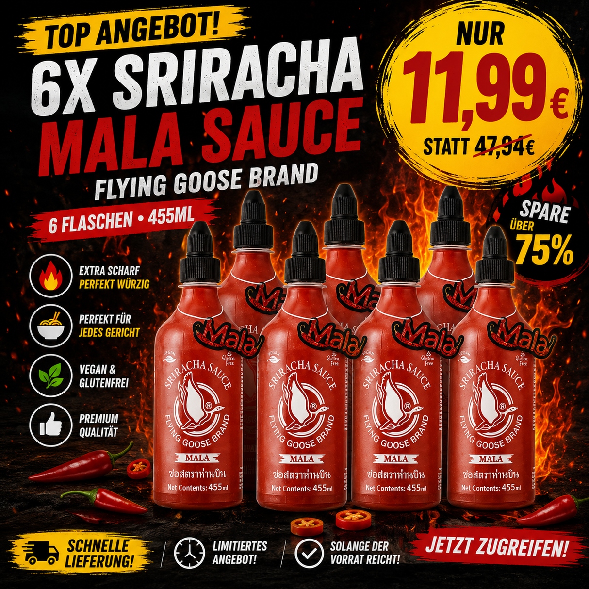 6x Sirecha Mala Chili Sauce 455ml