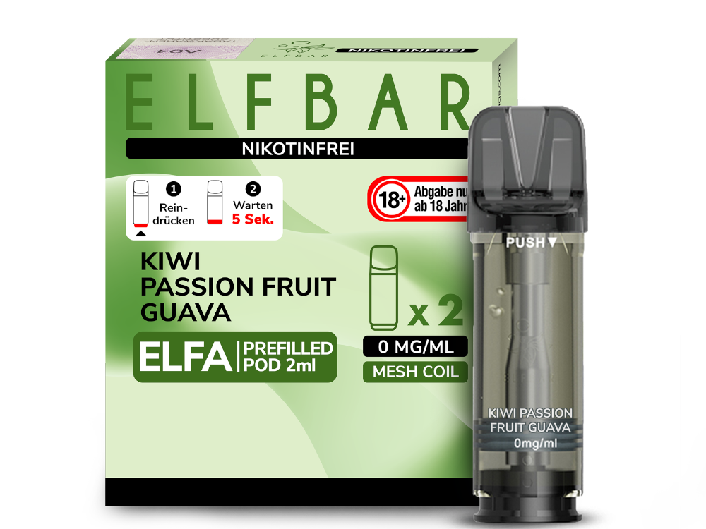 10x Elfbar - Elfa Pod Kiwi Passion Fruit Guava 0 mg/ml (2 Stück pro Packung)