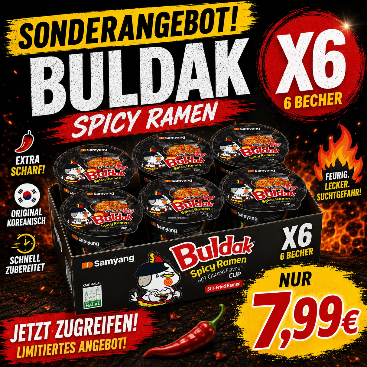 6x Samyang Buldak Hot Chicken Ramen Cup 80g