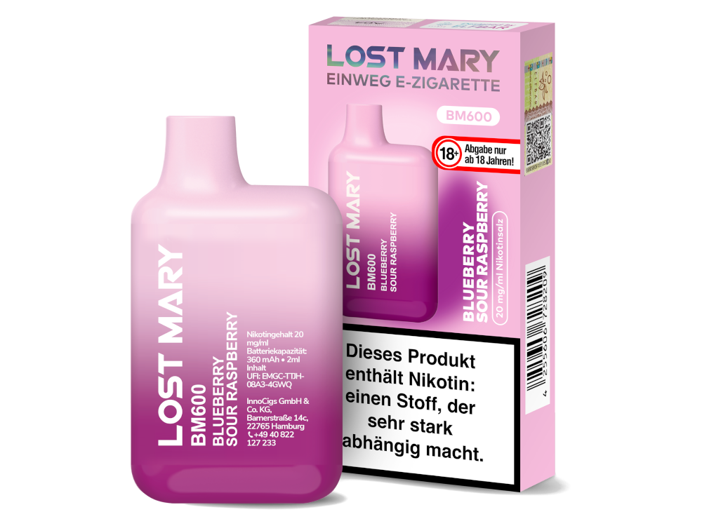 10x Lost Mary - BM600 Einweg E-Zigarette - Blueberry Sour Raspberry 20 mg/ml