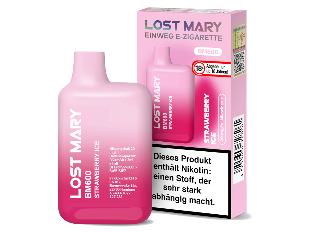 10x Lost Mary - BM600 Einweg E-Zigarette - Strawberry Ice 20 mg/ml
