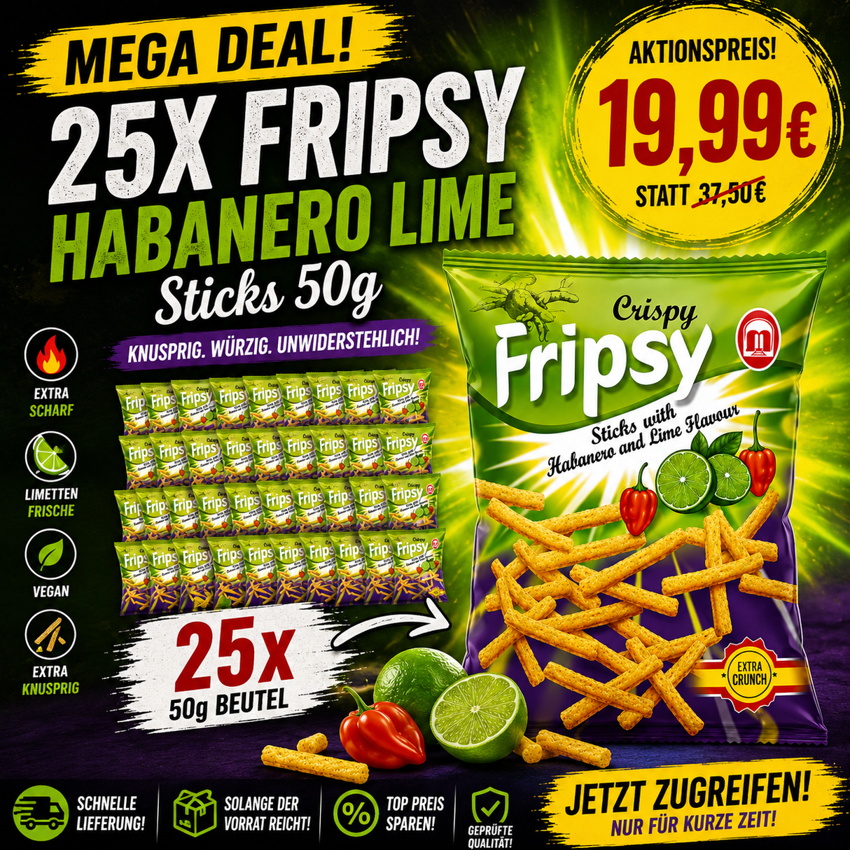 25x Fripsy Habanero Lime Chips 50g